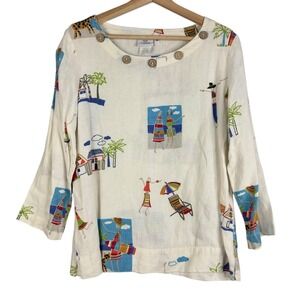Hot‎ Cotton 100% Linen Beach Scene Print Tunic Top Size M 3/4 sleeve Boat Neck